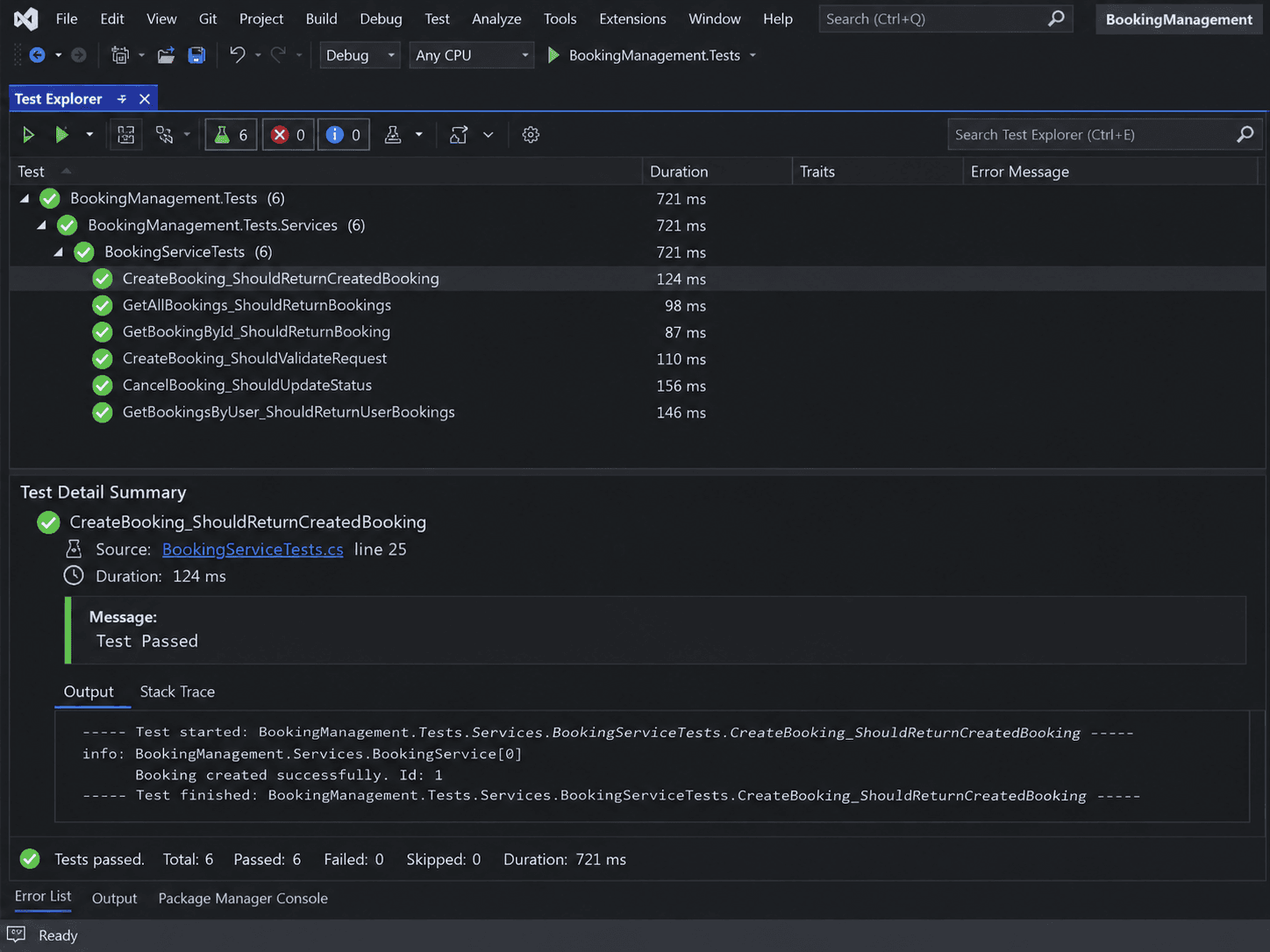 Booking Management API xUnit test results